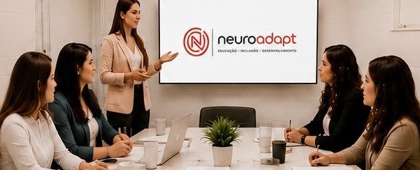 Formadora da NeuroAdapt conduzindo uma formação para profissionais da educação, com o logotipo da NeuroAdapt projetado na tela.